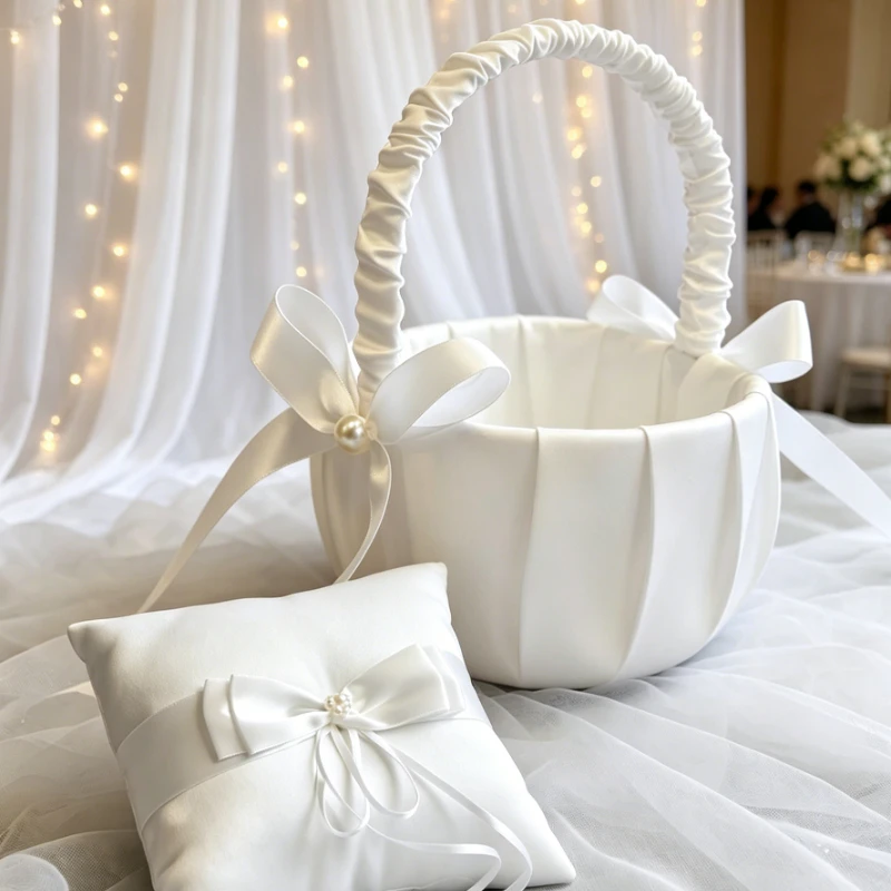 Neue Hochzeits-Blumenkörbe und Ringkissen-Set Braut Weiße Satin-Schleife Dekoration Hochzeitsdekoration Partyzubehör Geschenke – Detail 2