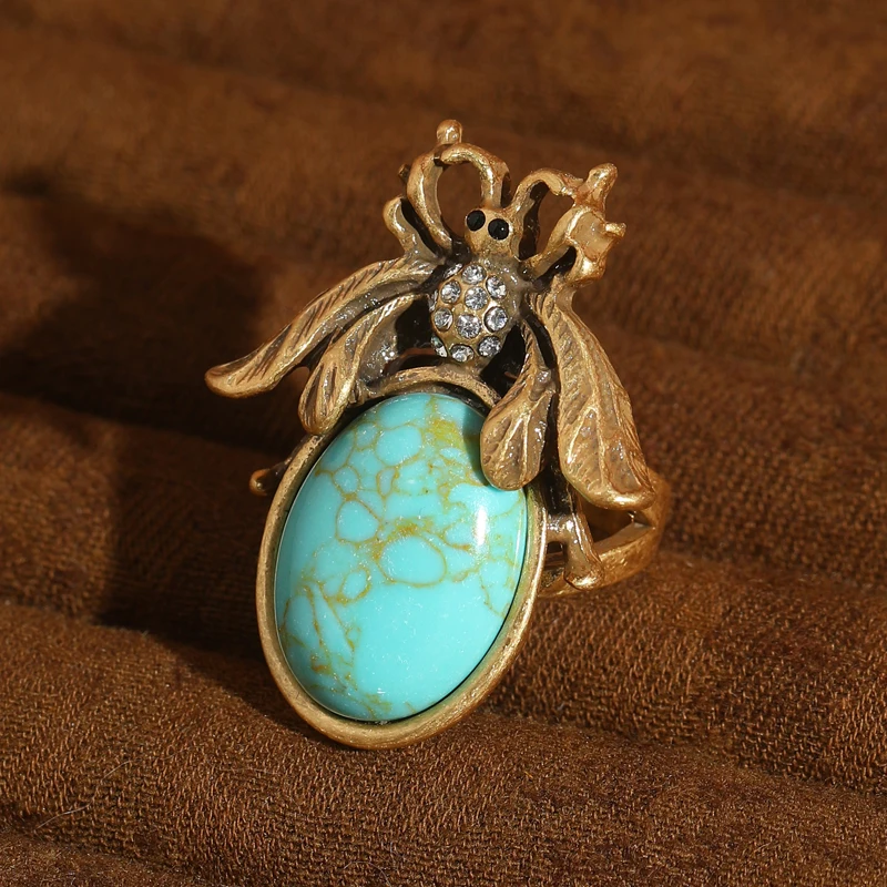 

Vintage Turquoise Bee Rings Gold Color Rhinestone Hollow Luxury Woman Charm Anniversary 2026 New Trends Woman Elegant Jewelry
