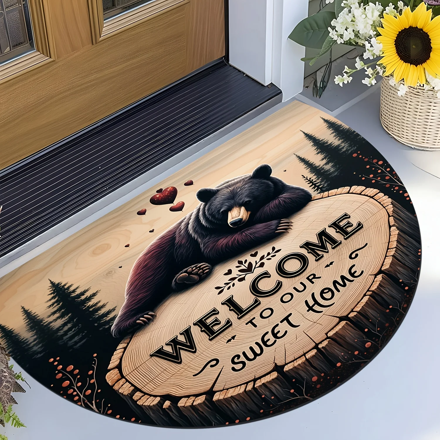 VIKAMA Retro Forest Bear Welcome Doormat Machine Washable Soft Bedroom Mat Indoor Outdoor Entrance Carpet Home Decor