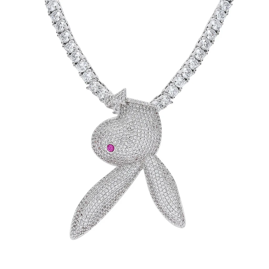 Luxury New Hip Hop Unisex Pendant Jewelry Iced Out Bling Lab Diamond CZ Cartoon Bunny Pendant Necklace