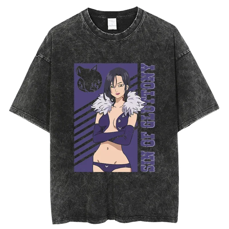Anime The Seven Deadly Sins Ban Meliodas Escanor Print T Shirt Men Women Vintage Washed Tshirts Harajuku Male Cotton T-shirt