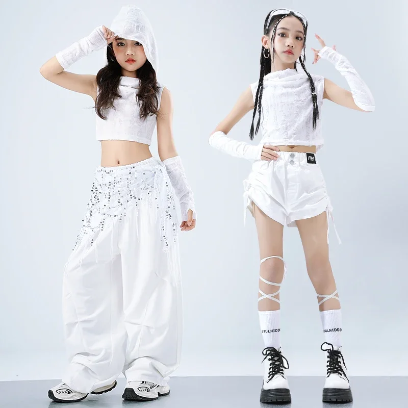Teen Hip Hop Kids Tassels Sequined Tops Street Dance Cargo Pants Girls Streetwear Children Jazz Costume Stage Shorts Clothes Set