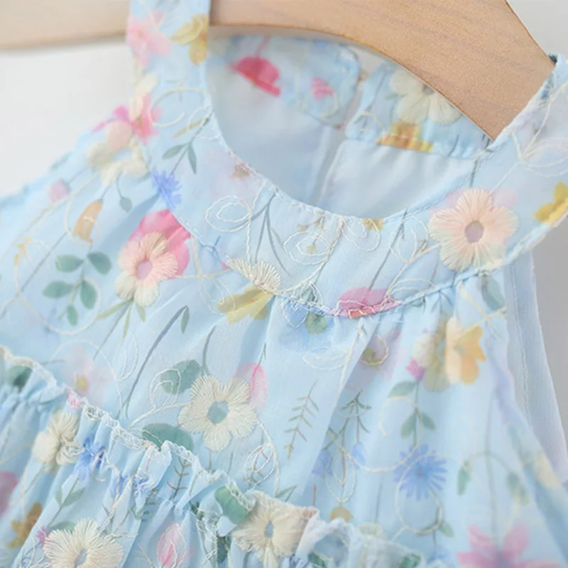 Summer New Floral Print Baby Girl Dress Sweet Bow Children'S Blue Clothes (6 Months -3 Years Old) 3