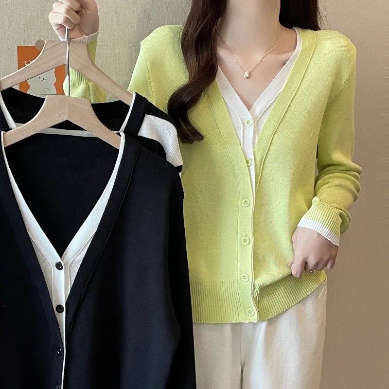 2025 Nieuwe nep tweedelige vesten dames Koreaanse mode patchwork lange mouw lente herfst gebreide vrouwelijke
