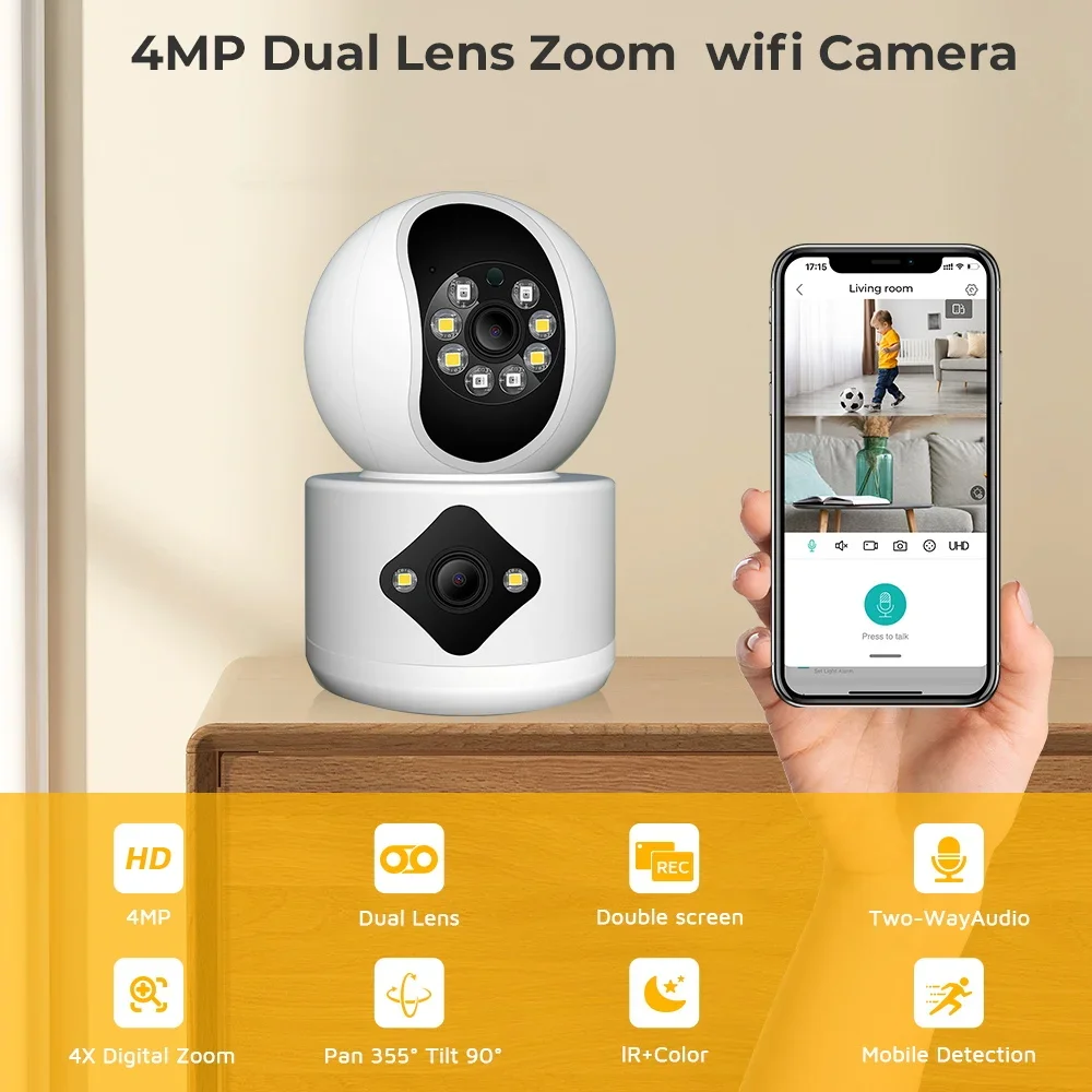 

4MP Dual Lens WiFi Camera Dual Screen Auto Tracking Ai Human Detection Indoor Home secuiryt CCTV Video Surveillance Baby Monitor