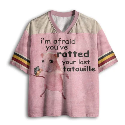 Mouse Graphic Mesh Football Men I'm Afraid You've Ratted Your Last Ratouille Letter Print V Neck Short Sleeve Oversized Tops