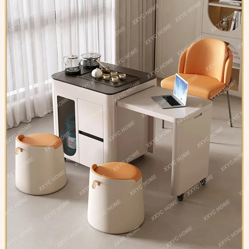 

Выдвижной чайный столик-тумба L-образной формы для балкона, для дома, для малогабаритных квартир, передвижная чайная тележка, комбинация столика и стульев