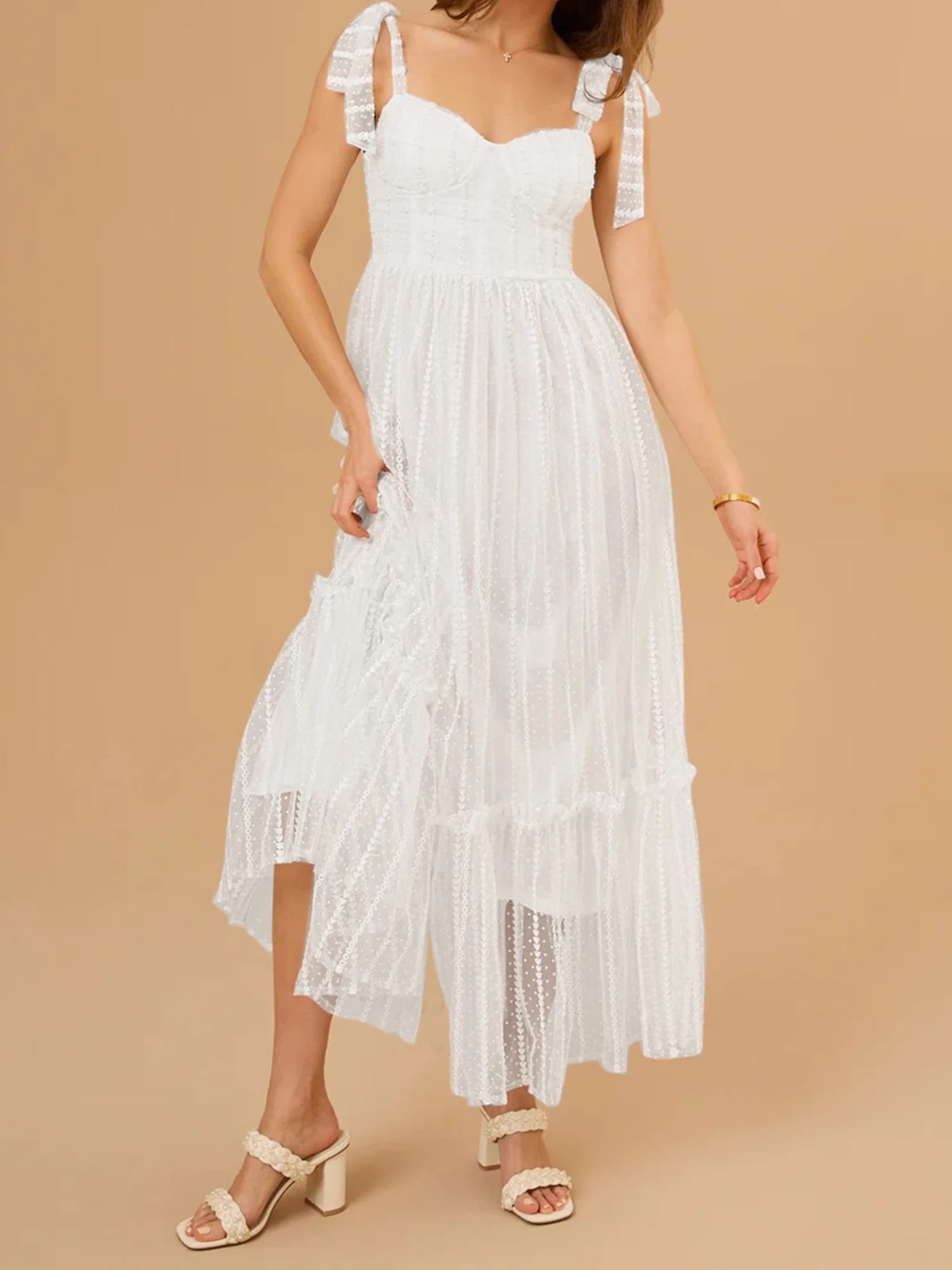 Elegant Floral Lace Sleeveless Dress with V-Neckline and Tie-Up Straps for Summer Wedding Party Beach Streetwear Cocktail