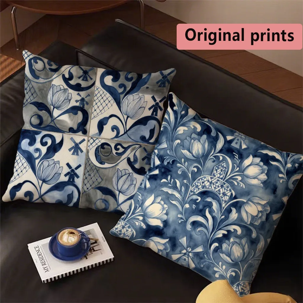 Dutch Delft Blue Throw Pillow Covers Pattern Cushion Cover Suitable for Sofa Bedroom Car Pillow Cover