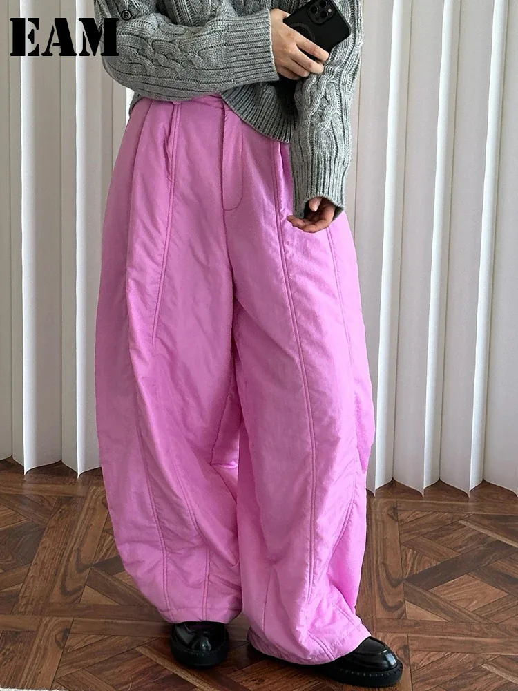 [EAM] High Elastic Waist White Cotton-padded Wide Leg Long Pants New Trousers Women Fashion Tide Autumn Winter 2024 1DH7322