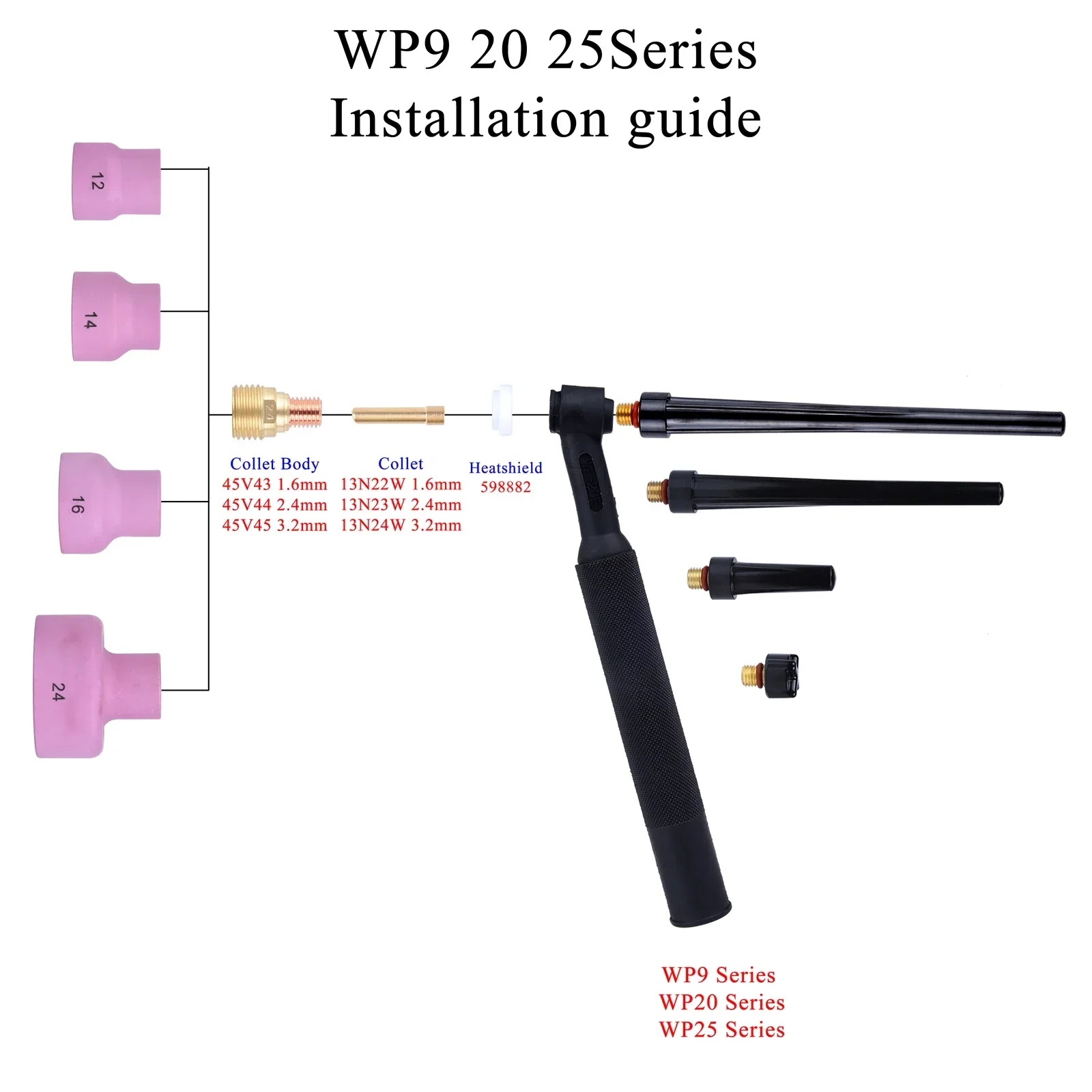 15PCS TIG 용접 # 12~ # 24 초대형 알루미늄 세라믹 노즐 알루미나 컵 키트 토치 WP9 20 25 스터비 콜렛 바디 가스 렌즈 세트