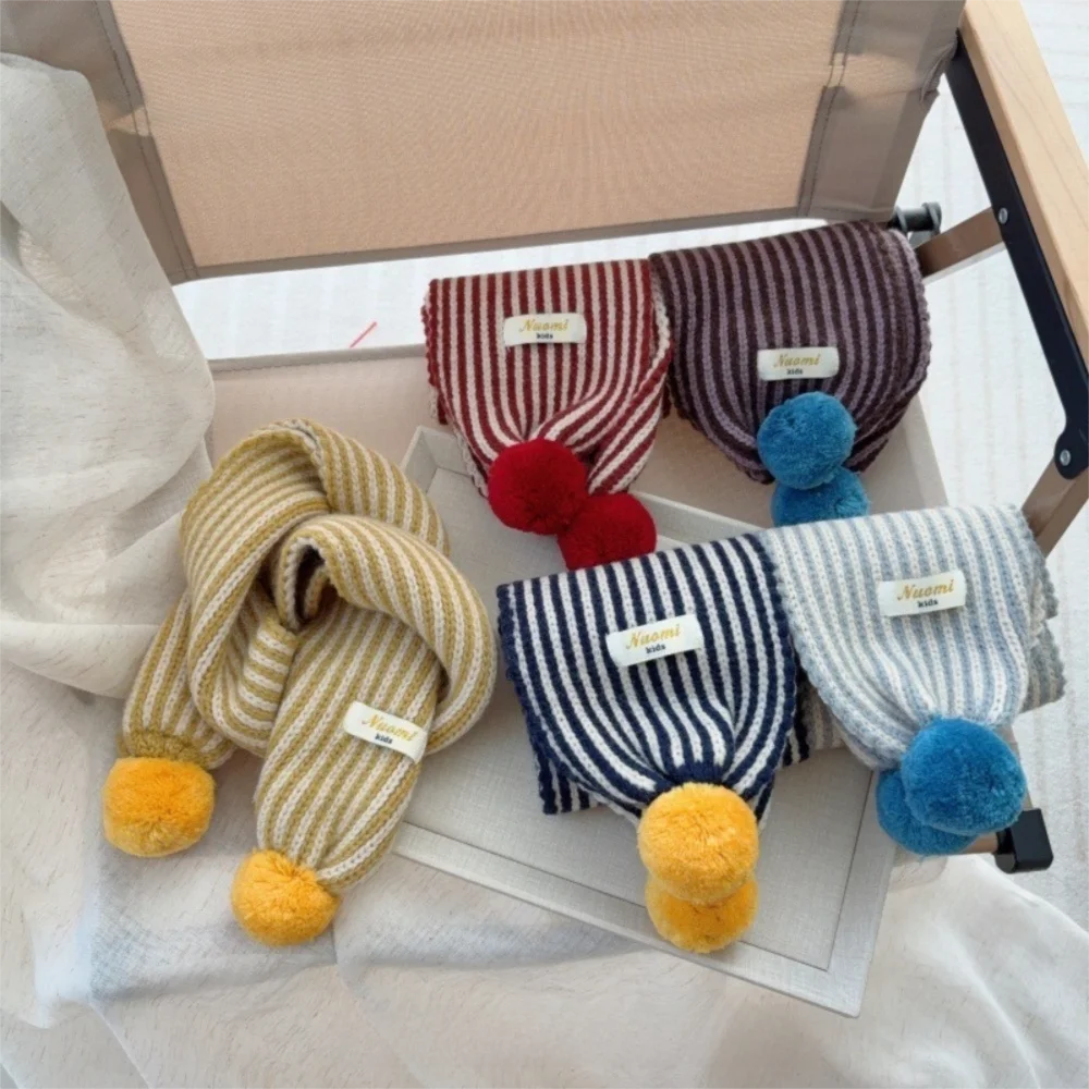 Moda listra cachecol de malha à prova de vento colorido pom pom manter quente blanke à prova de frio pescoço mais quente para crianças