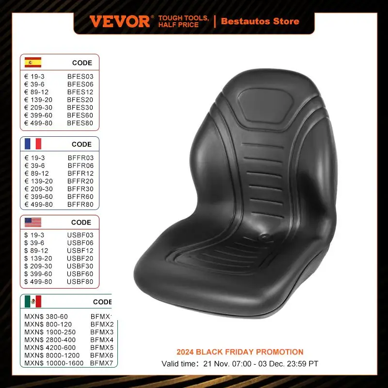 VEVOR Forklift Seat Replacement Durable Vinyl Cover High Back Yamaha Tractor Seat for Mower Excavator Wheel Loader Dozer Backhoe