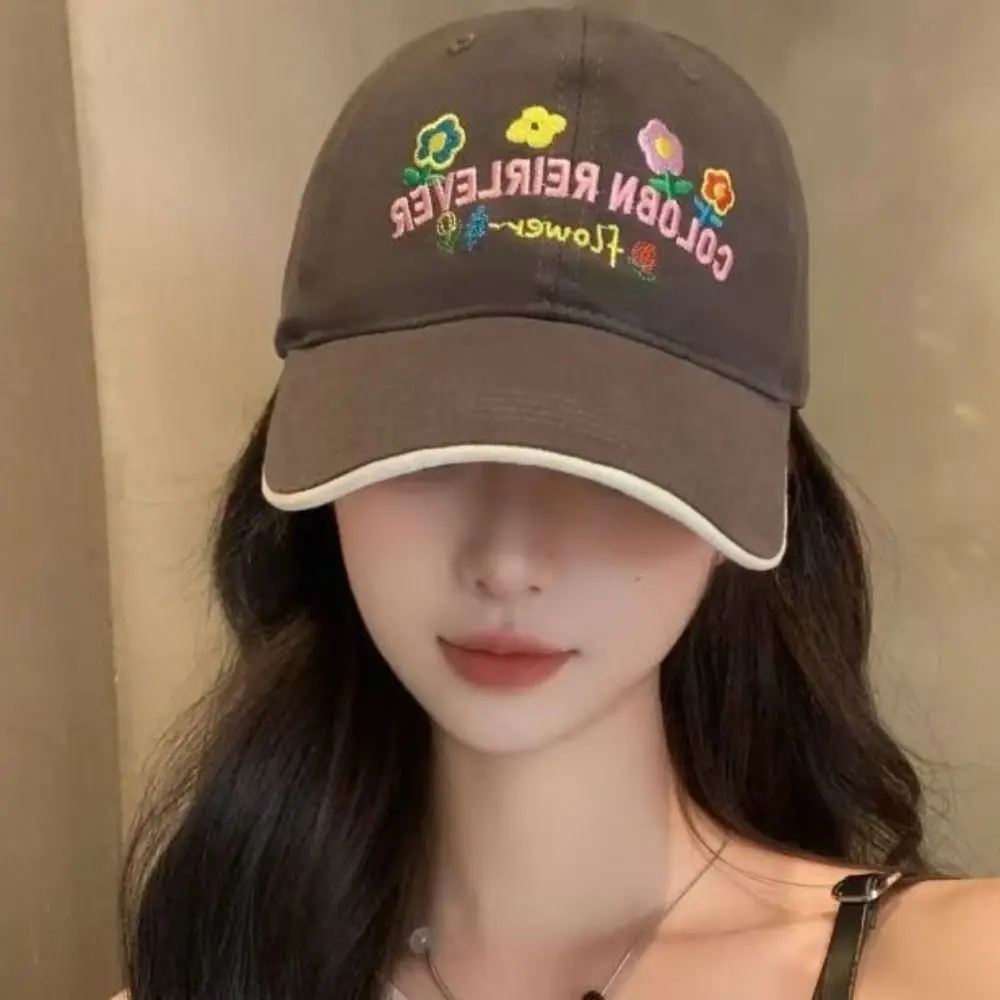 

Leisure Korean-Style Baseball Cap for Women Letters Embroidered Little Flower Sun Hat Candy Color Wide Eaves Peaked Cap Summer