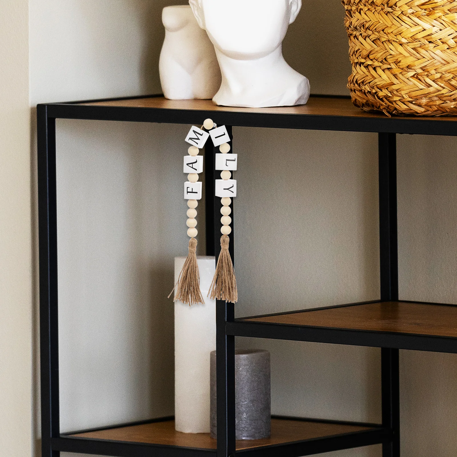 

Wooden Beads Decor Family Letters Vintage Tassel Home nament Sturdy Wood Coffee White Table Shelf Decorations