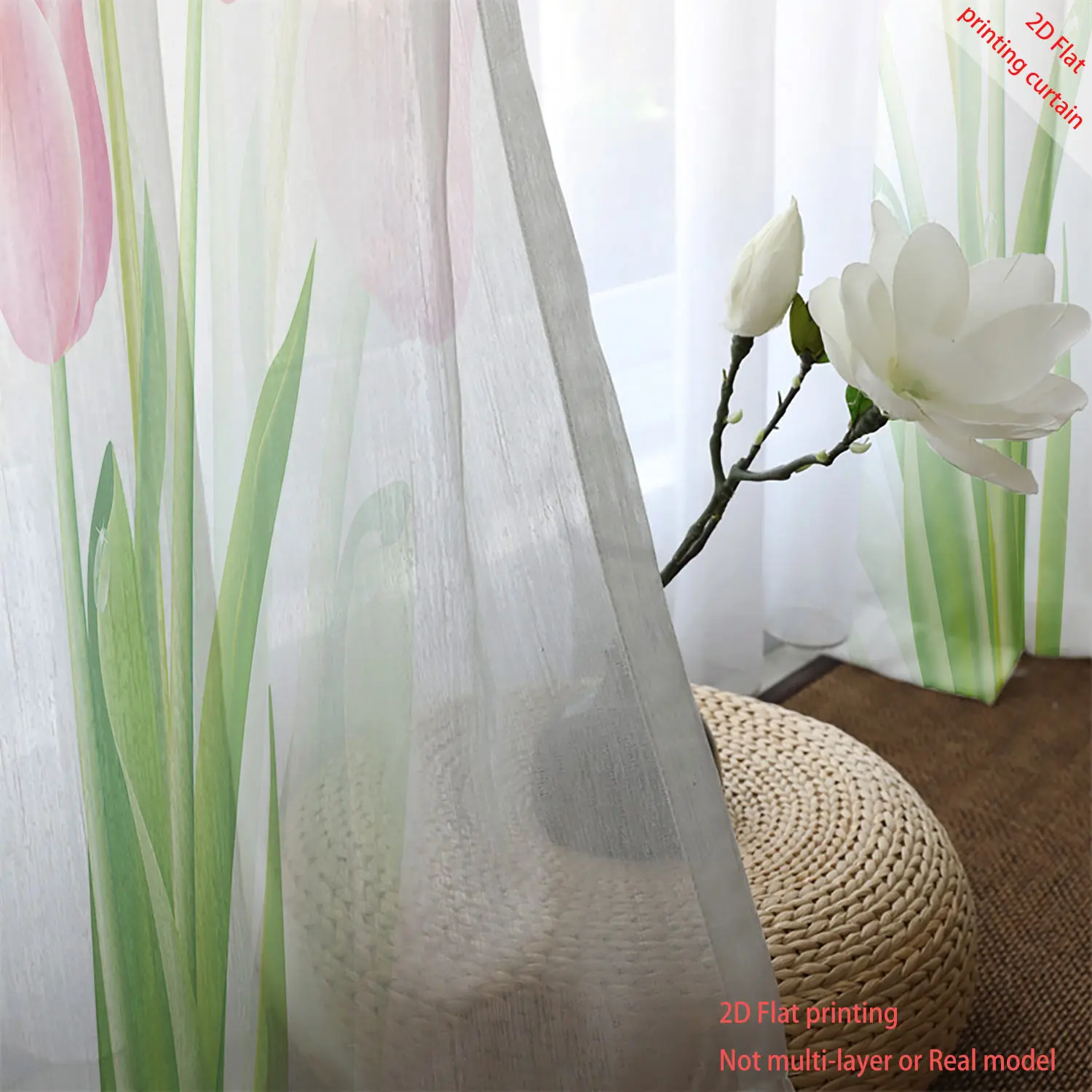 Pink tulip print transparent gauze curtain, romantic home decoration, suitable for living rooms, bedrooms, balconies, windows
