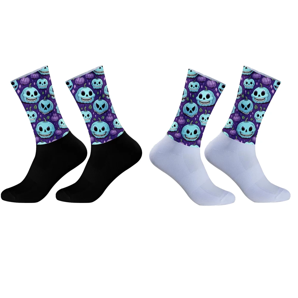 

​Halloween Pumpkin Skull Cycling Socks Blue Purple - Funny Bone Pattern Bike Socks Men Women