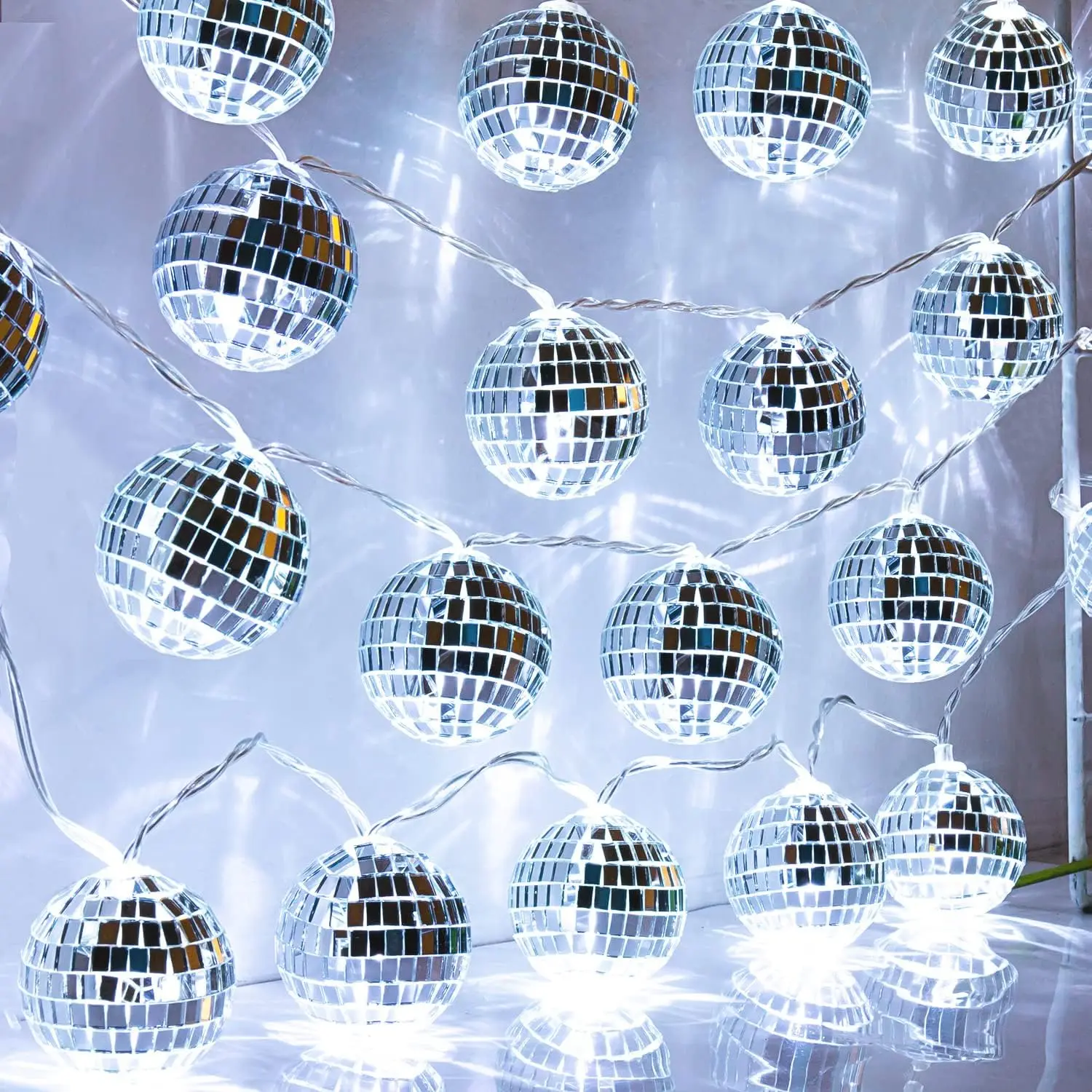 

50 LED 16.4Ft Disco Ball String Light - Battery Powered and USB Plug, Disco Ball Lights for 70's