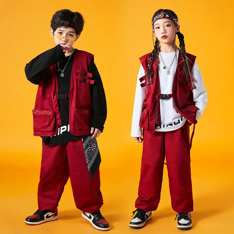 Vêtements de Performance de brevHip Hop pour Enfants, Costumes de Défilé de Scène Jazz, viser Rouges pour Bol et Garçons