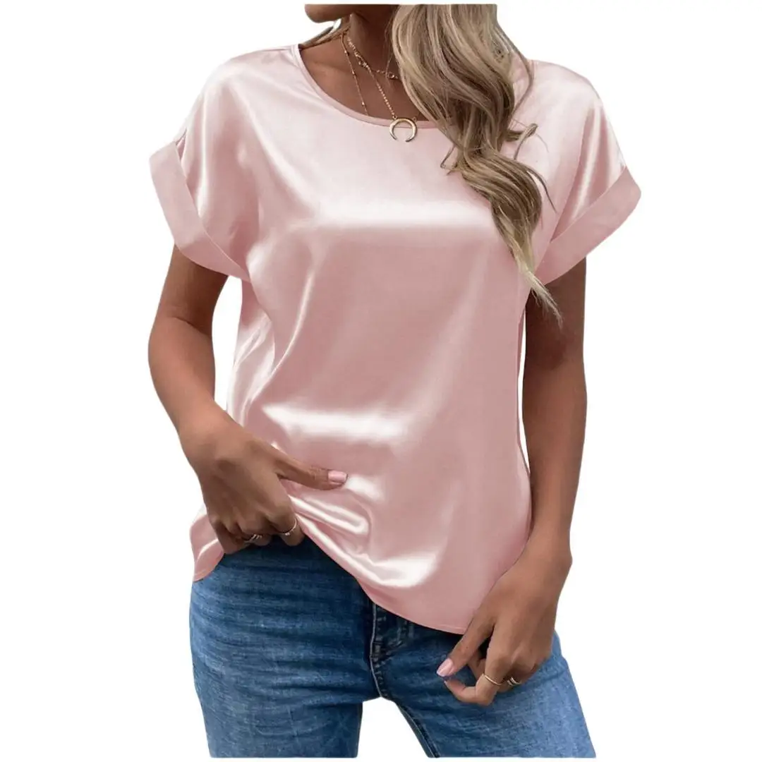 Temperamental Satin Women Shirts and Blouses Lady Trend 2024 Straight Women\'s Traff Woman 2024 T-shirt Pullover Crew Neck Kadın