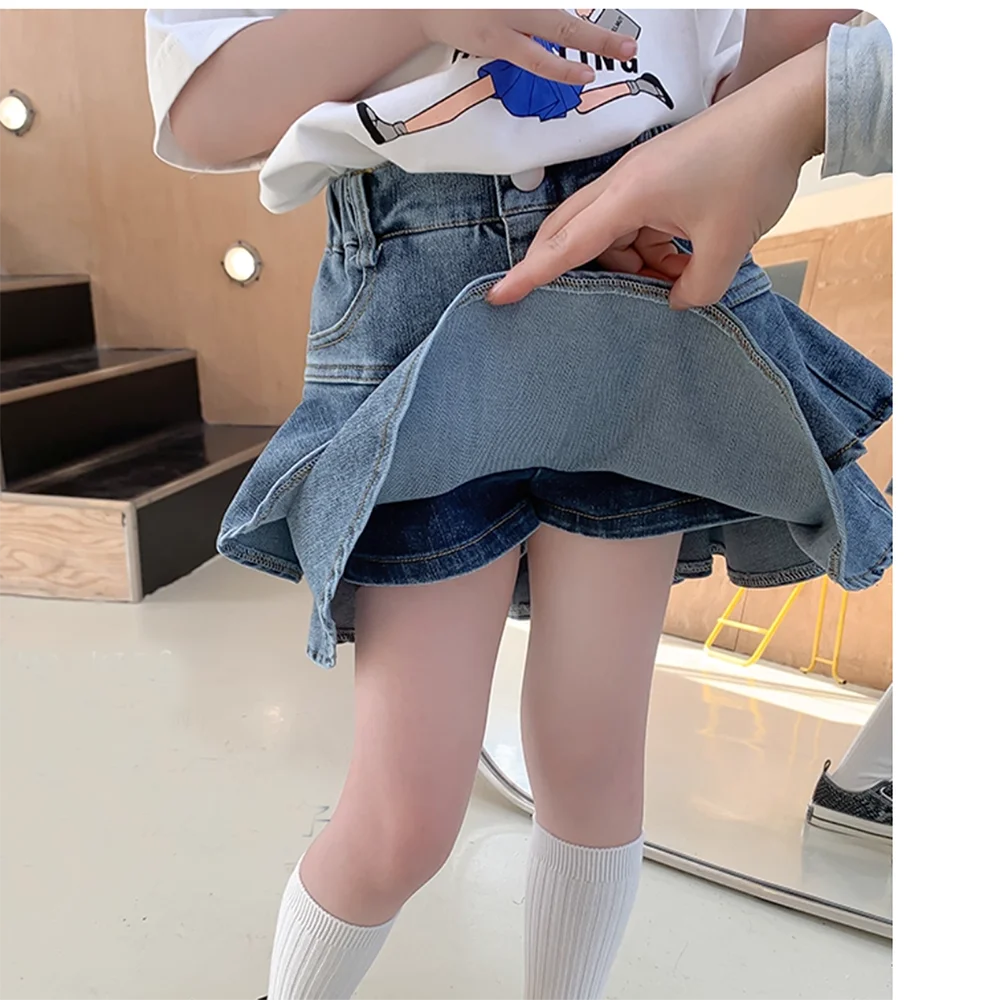 Herbstliche Mädchen-Jeans-Tutu-Röcke, süße, doppellagige Rüschen, hochtaillierter Jeansrock, kurze Röcke, Mini-Plisseeröcke, für Kinder von 2 bis 12 Jahren. – Detail 5