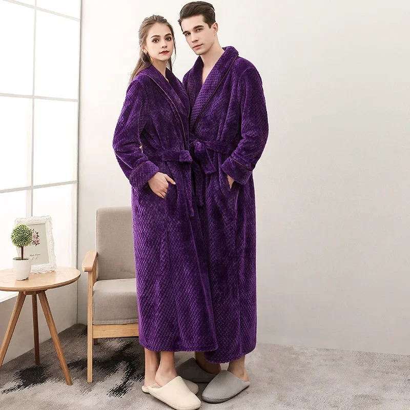 Men\'s Thick Large Bathrobe Lengthened White Pajamas Autumn and Winter New Season Home Plush Soft and Comfortable Couple Pajamas