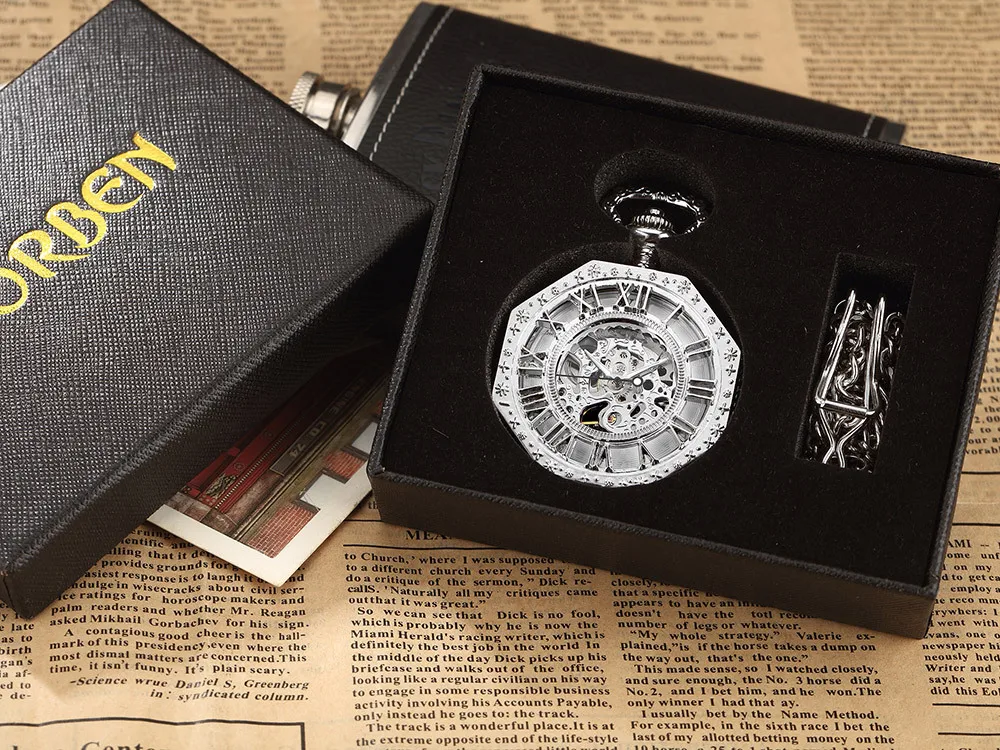 Ramadan Classic Hexagonal Mechanical Pocket Watch FOB Chain Steampunk Roman Dial Skeleton Gold Hollow Steel Men's Pocket Watch