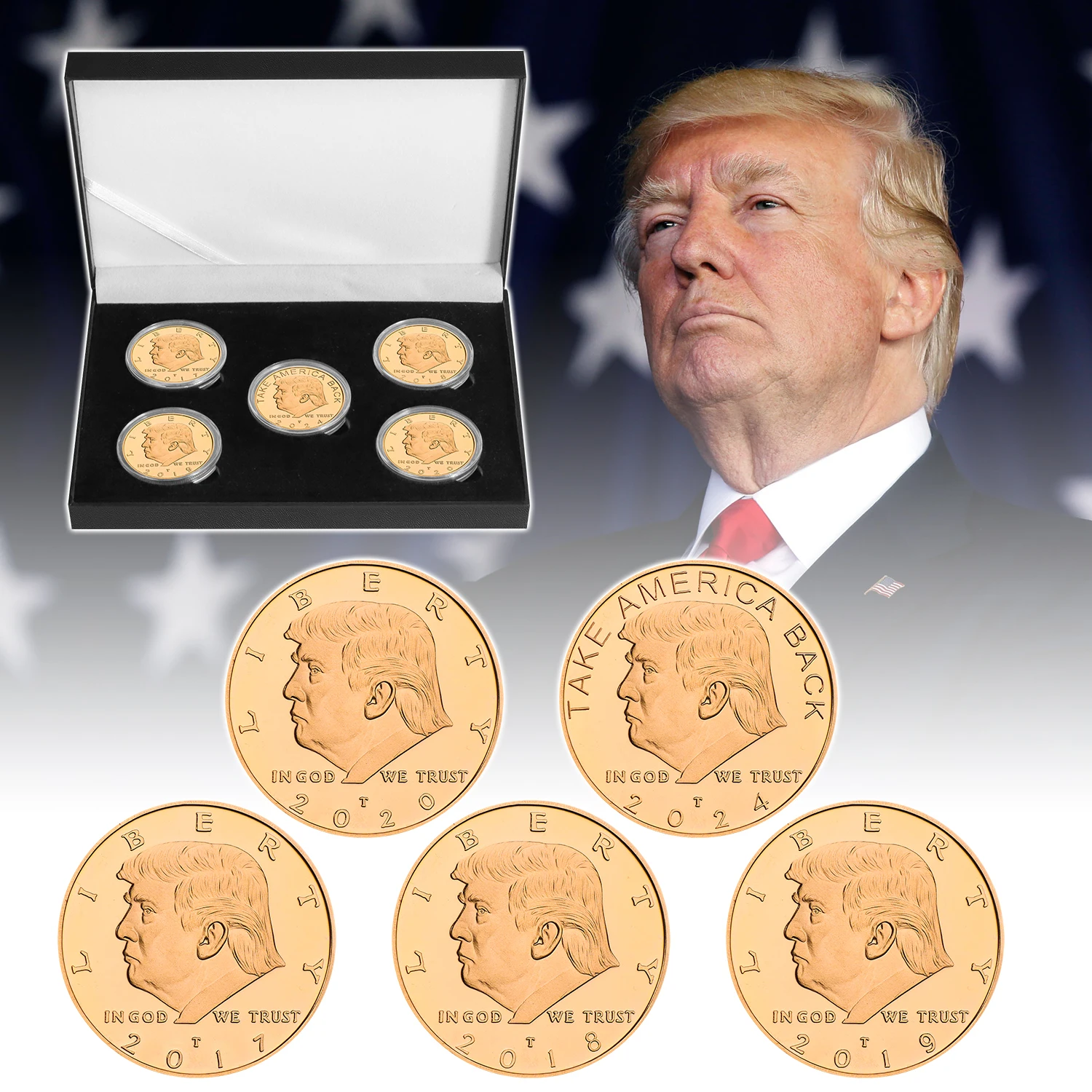 5 Stuks Donald Troef Gouden Herdenkingsmunten Geschenkdoos Set Ons President Supporter Medaille Souvenir Munt Vakantie Geschenken Voor Mannen Vader