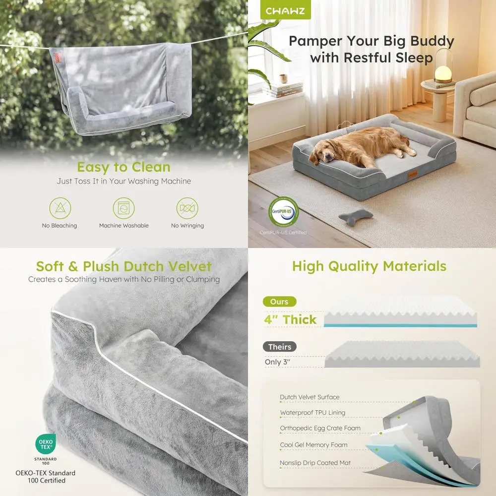 

Orthopedic XL Dog Bed with Cooling Gel Foam, Waterproof & Removable Cover, 42 Dutch Velvet Sofa, Light Gray, Plus Bone Toy
