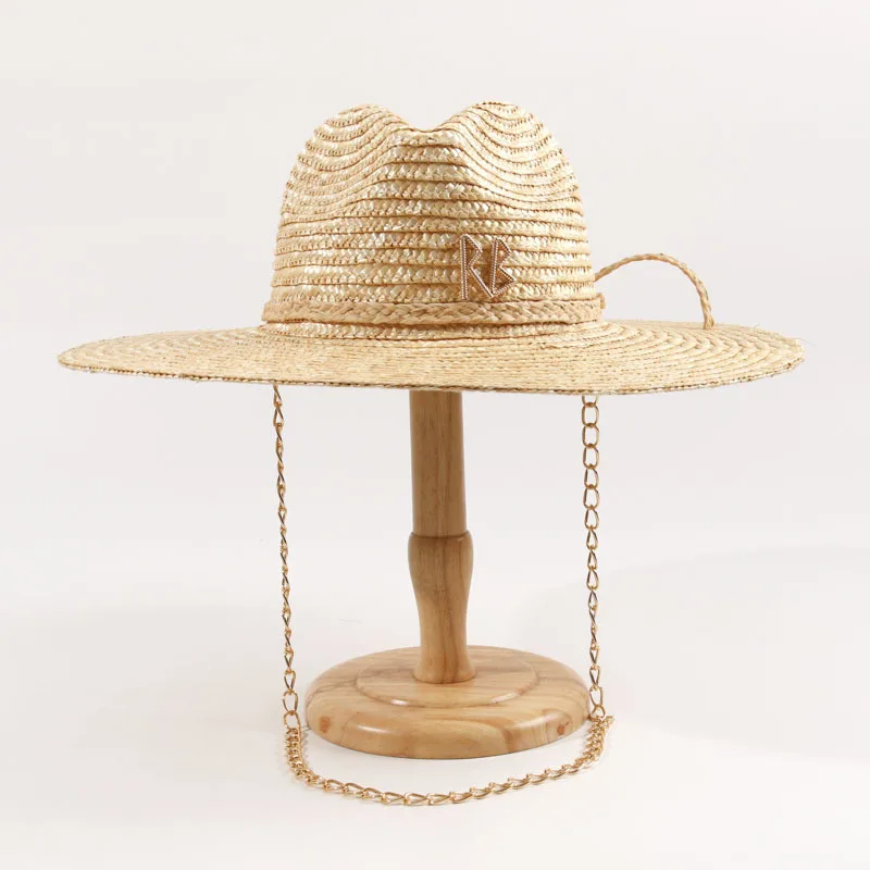 European and American RB Letter Gold Chain Design Straw Raffles Woven Beach Sun Hat, Sun Sun Sun Hat, Female Summer Hat