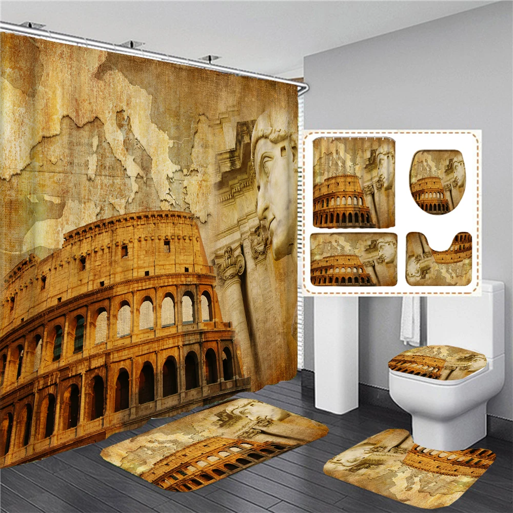 Retro Nostalgic landscape Bathroom Curtain Ancient Roman Colosseum Shower Curtains Set Bath Mats  Toilet Cover Anti-slip Rugs