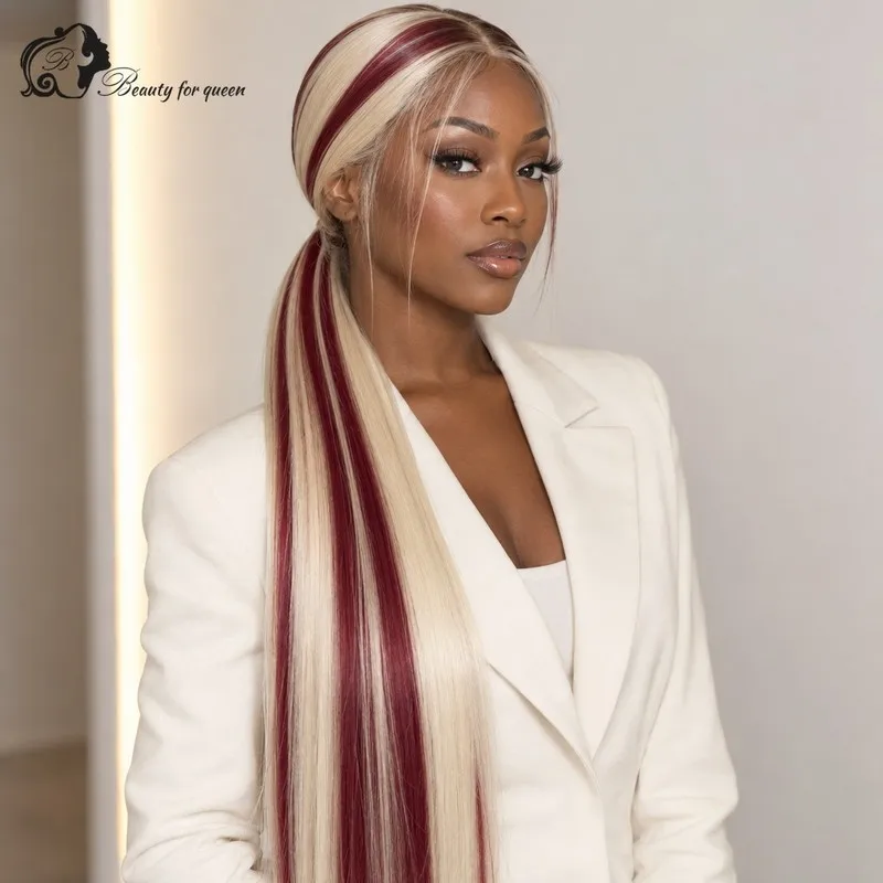Everyday Platinum Burgundy Streak Ombre Human Hair Wigs Bone Straight Mid Length Glueless Transparent Bouncy Heat Friendly