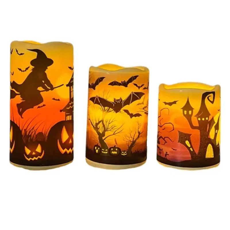 AT05-Pumpkin LED Pillar Candle Flameless Waterproof With Timer Remote For Halloween For Spooky Decor B