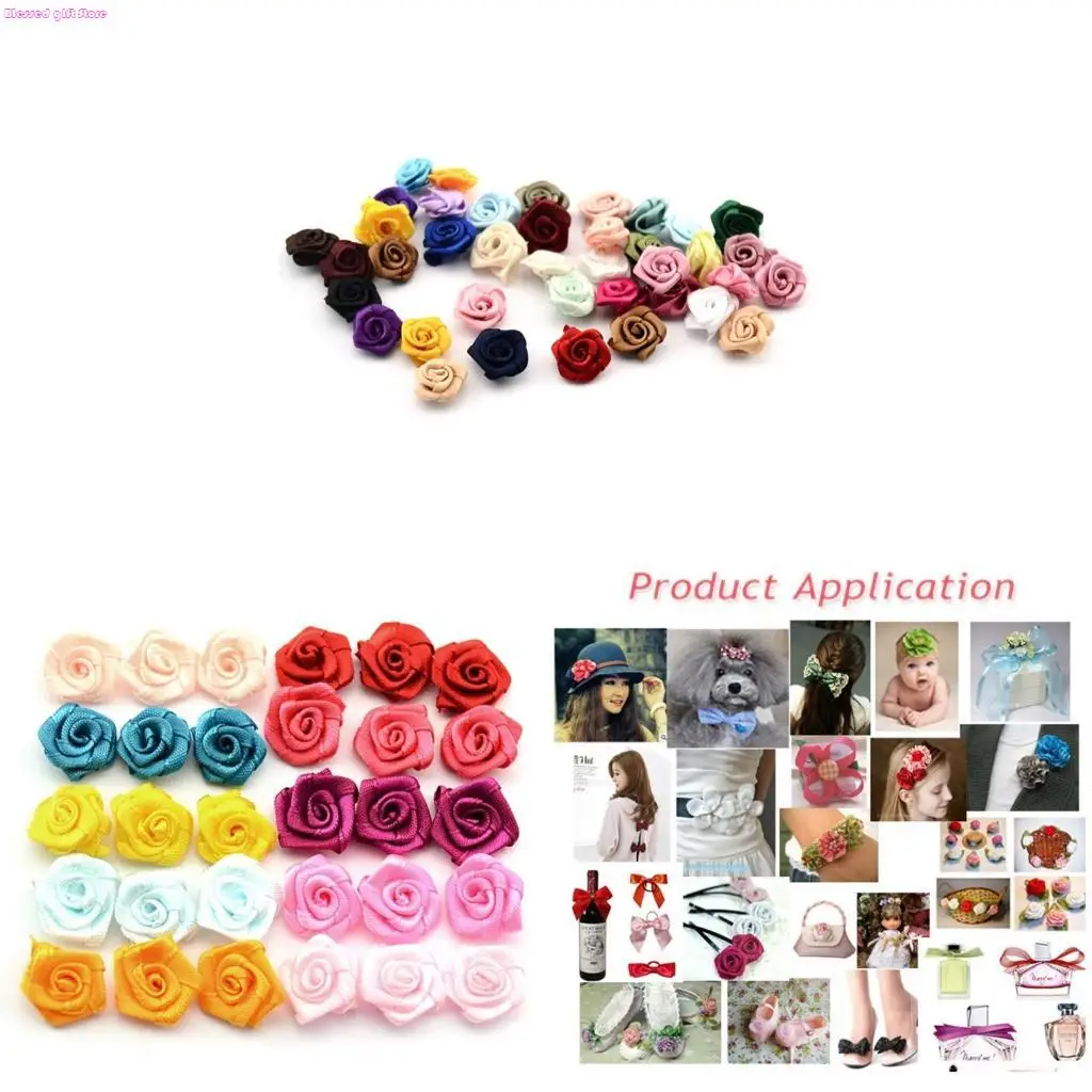 D0JC 100pcs Satin Ribbon Rose Flower Bow Appliques Wedding Decor Appliques Sewing DIY