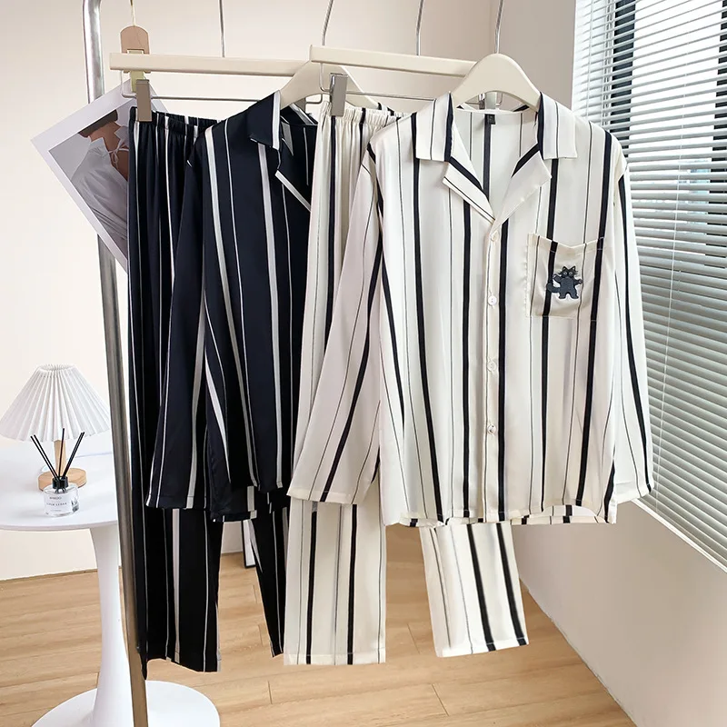 2026 Spring Summer Black White Ice Silk Pajamas Women Couple Set V-neck Cardigan Fashion Striped 2piece Set Nightgown Sleepwear