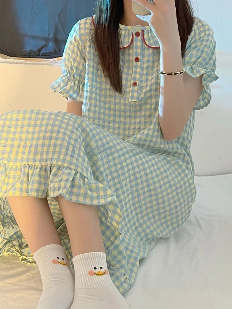 

Sweet Plaid Sp Dr Длинный кукольный воротник ort Sve Легкая домашняя одежда Можно носить на улице Удобный хлопок Полиэстер...