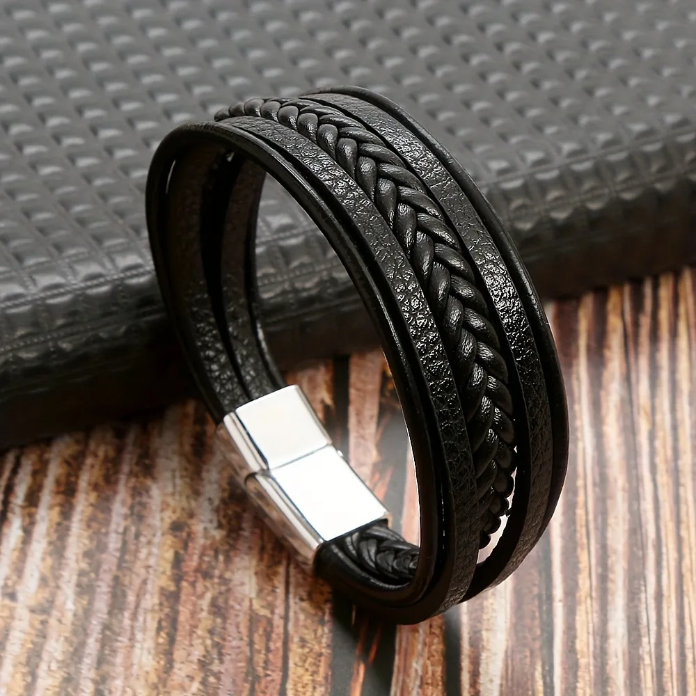 Mehrschichtige geflochtene Seilarmbänder für Männer, klassisches handgefertigtes PU-Lederarmband mit Magnetverschluss, trendiges Punk-Schmuckgeschenk