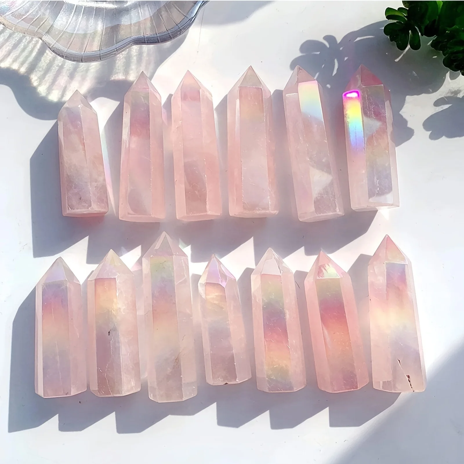 Stunning Rainbow Rose Quartz Tower Angel Halo Crystal Points For Home Office Table Decor Unique Meditation Gift Idea Halloween