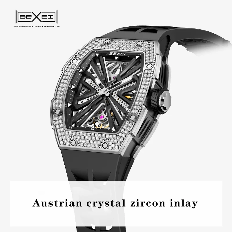 BEXEI 9132 Automatic Mechanical watches for men  Inlaid zircon Luxury Barrel shaped Sapphire Luminous waterproof  80 Hours Power