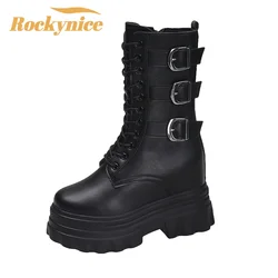 2023 Autumn Women Leather Ankle Boots Lace Up 12CM High Platform Punk Boots INS Hot Winter Chunky Motorcycle Boots Botas Mujer