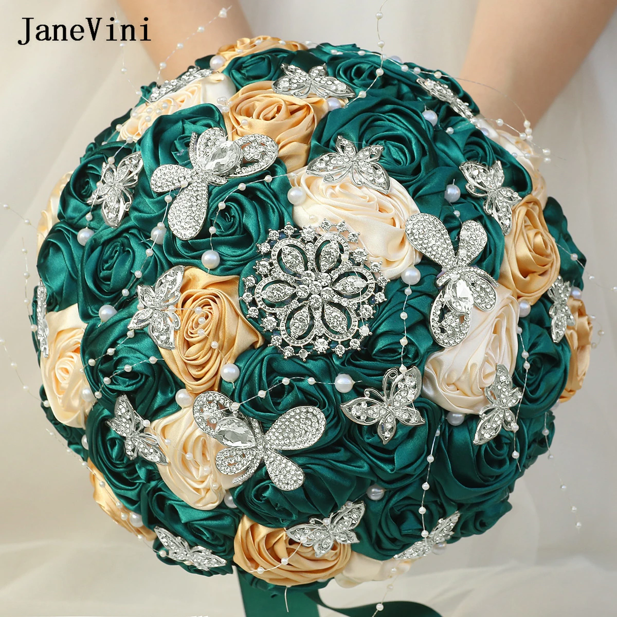 

JaneVini Bling Серебряная бабочка Кристалл Шалфей цвета слоновой кости Свадебные букеты Атласные розы ручной работы Жемчуг Букет невесты Цветы для свадьбы
