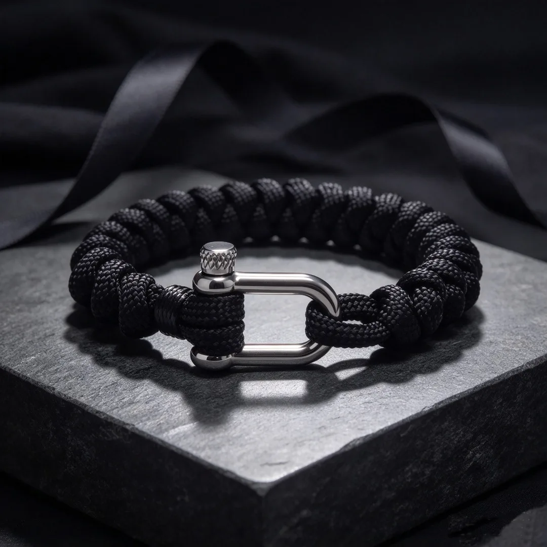 Men Black Paracord Bracelet Stainless Steel Screw Shackle Buckle Hand Knotted Survival Rope Wristband Nautical Outdoor Jewelry