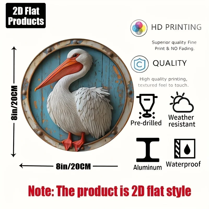 2D Flat, 2D Plane, 1pc, Pelican Wall Decor Theme, Round Aluminum Metal Decoration Sign, Holiday Decoration, Suitable for Bar Kit