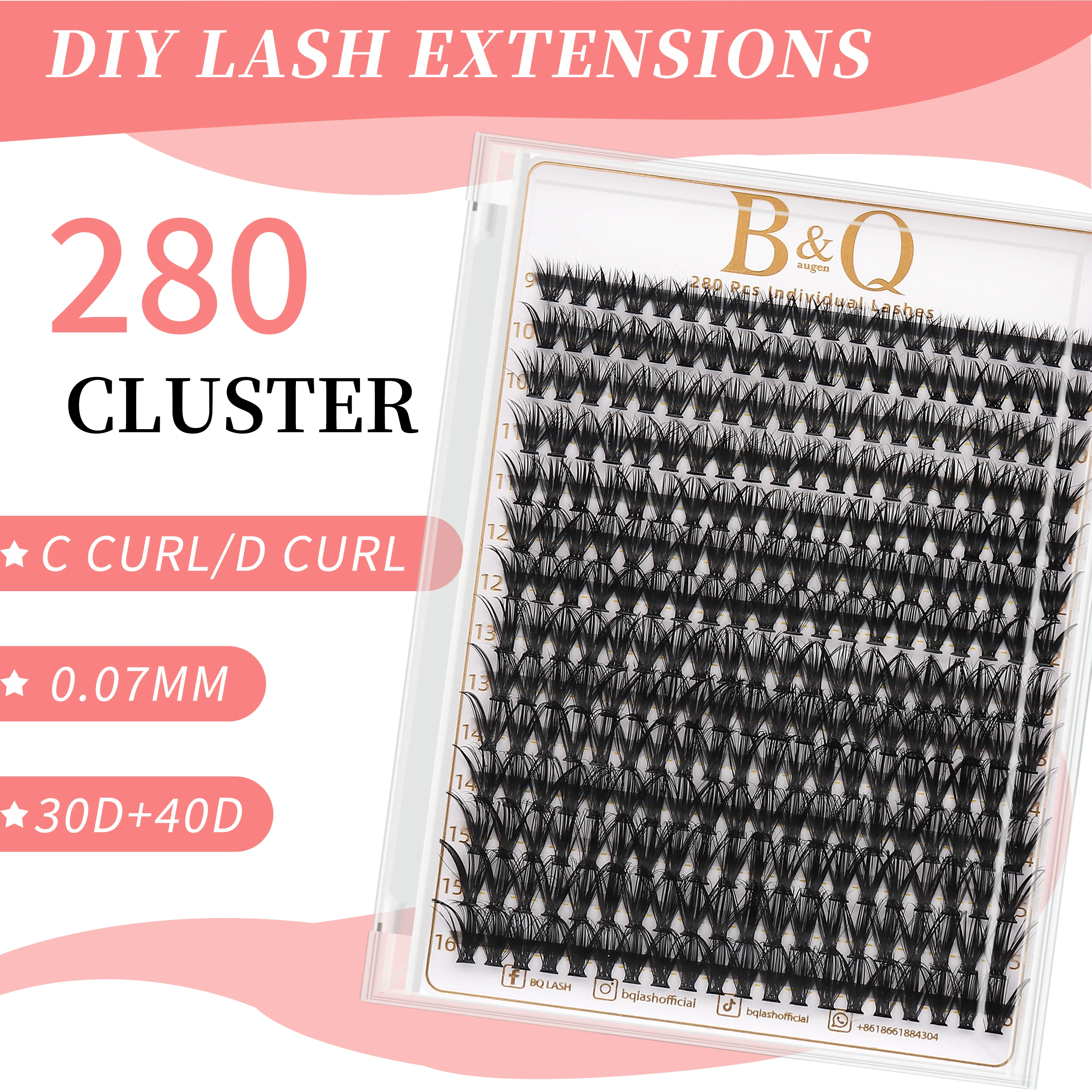 AILAISHI-Kit Individual Lash Cluster, Mix Lash Cluster com Lash Bond e Seal e Lash A, D Curl, 30D e 40D, 9-16mm, 280PCs