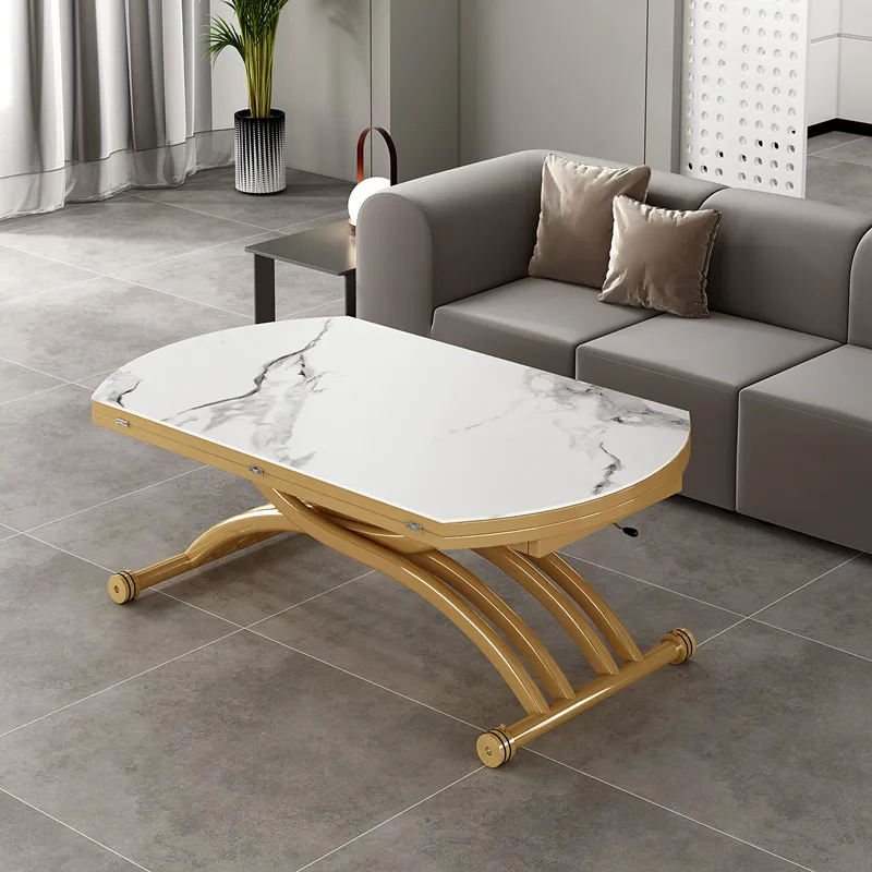 Small apartment lift coffee table dining table dual-purpose simple modern multi-function folding telescopic round tempered glass
