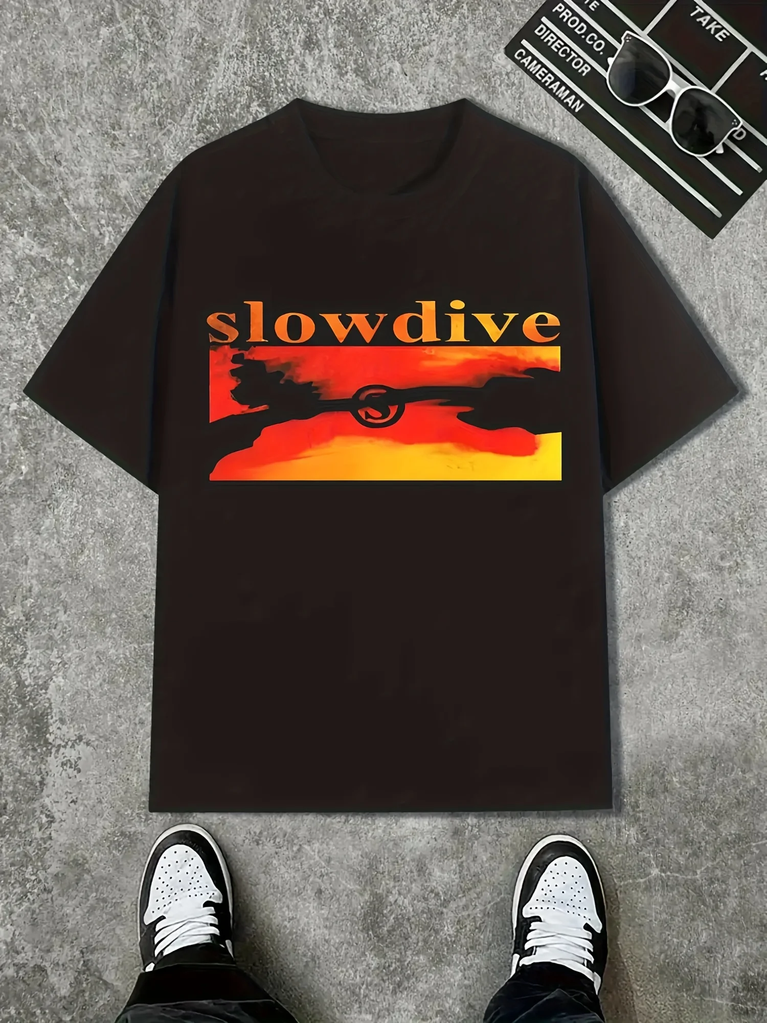 2026 Slowdive Men's Y2K Streetwear T-Shirt - Black with Orange to Red Gradient, Breathable Everyday Shirt for Concerts, Gym, Out