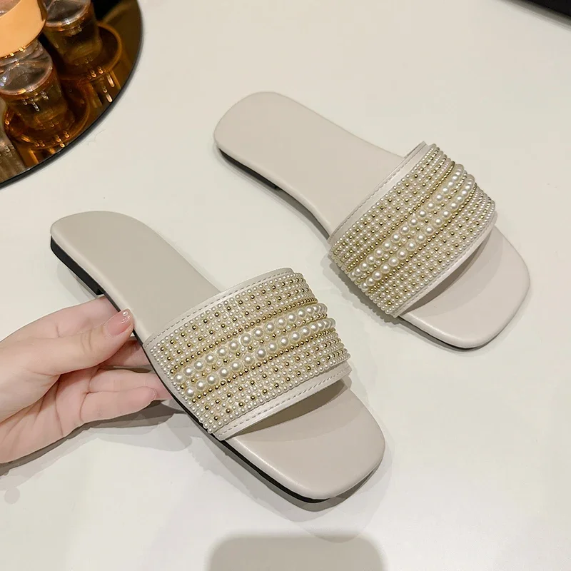 2024 Summer New Fashion Casual Pearl Women\'s Slippers Solid Flat  Open Toe Shoes Women Outdoor Beach Slippers