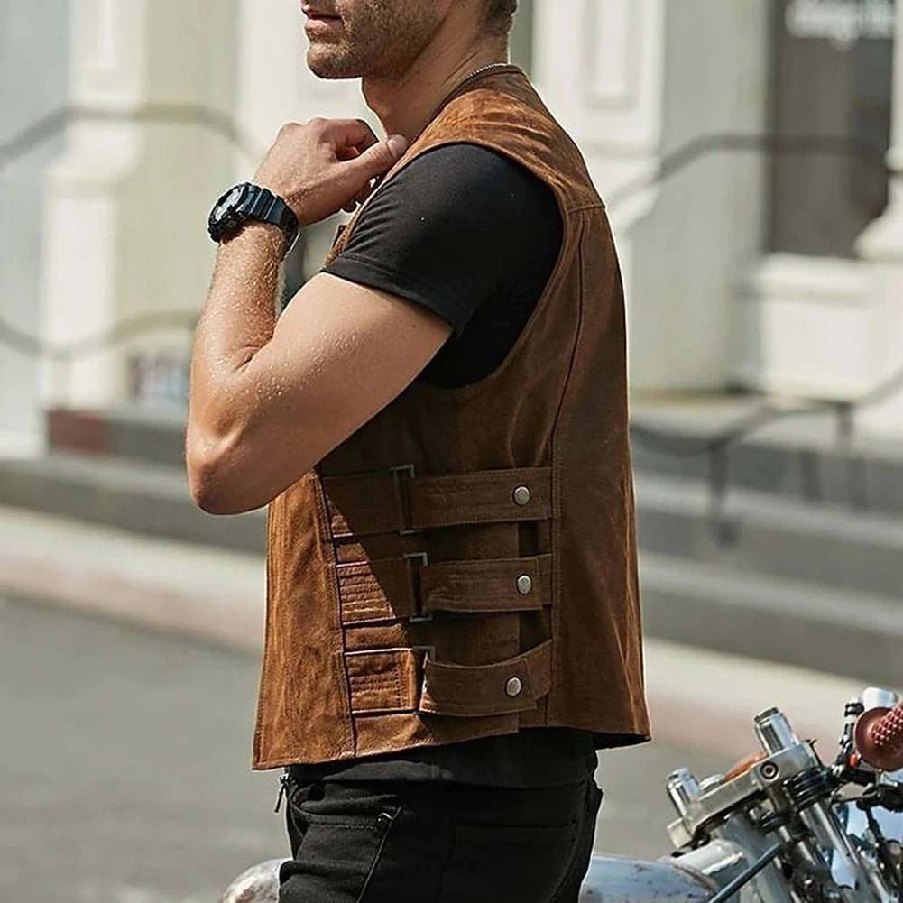 New Men's Motorcycle Biker Faux Leather Vest Jacket Waistcoat Solid Color Zip Up Vest Tops Male Clothing Streetwear