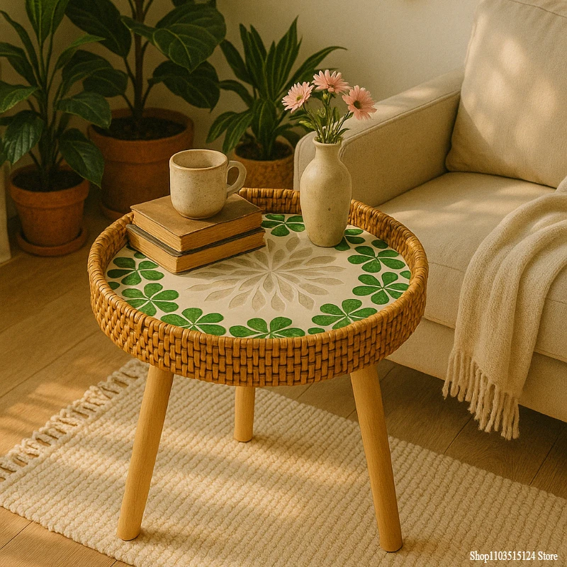 

Boho Rattan Coffee Tables with Wooden Legs Round Handmade Side Table Multi Functional Sofa Side Shelf Stylish Home Furniture