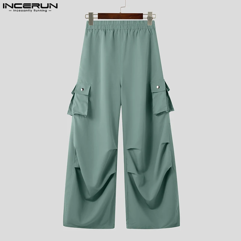 INCERUN 夏男性ワイドレッグパンツファッションカーゴパンツソリッドポケットプリーツ長ズボン特大パンタロン紳士服